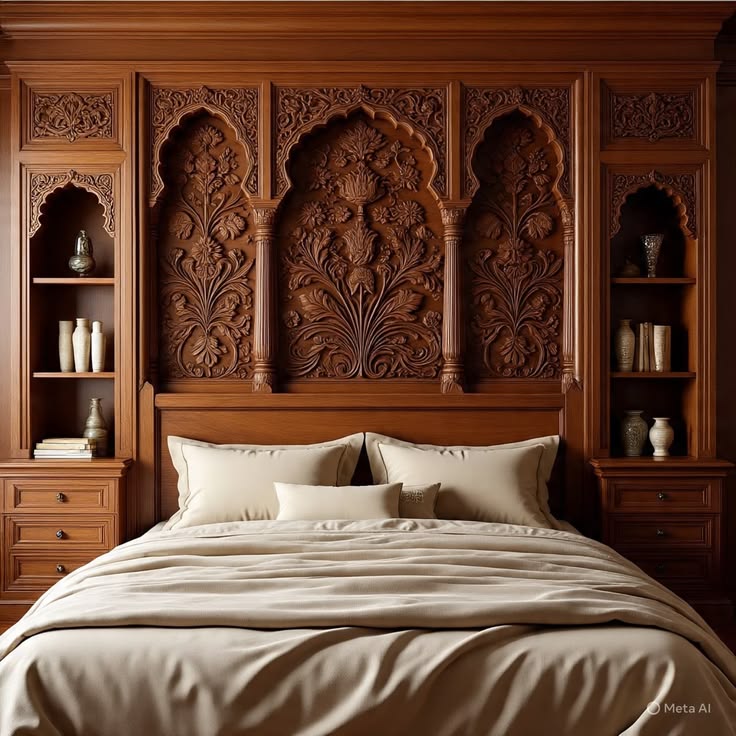 Kashmir walnut bedroom — carved headboard