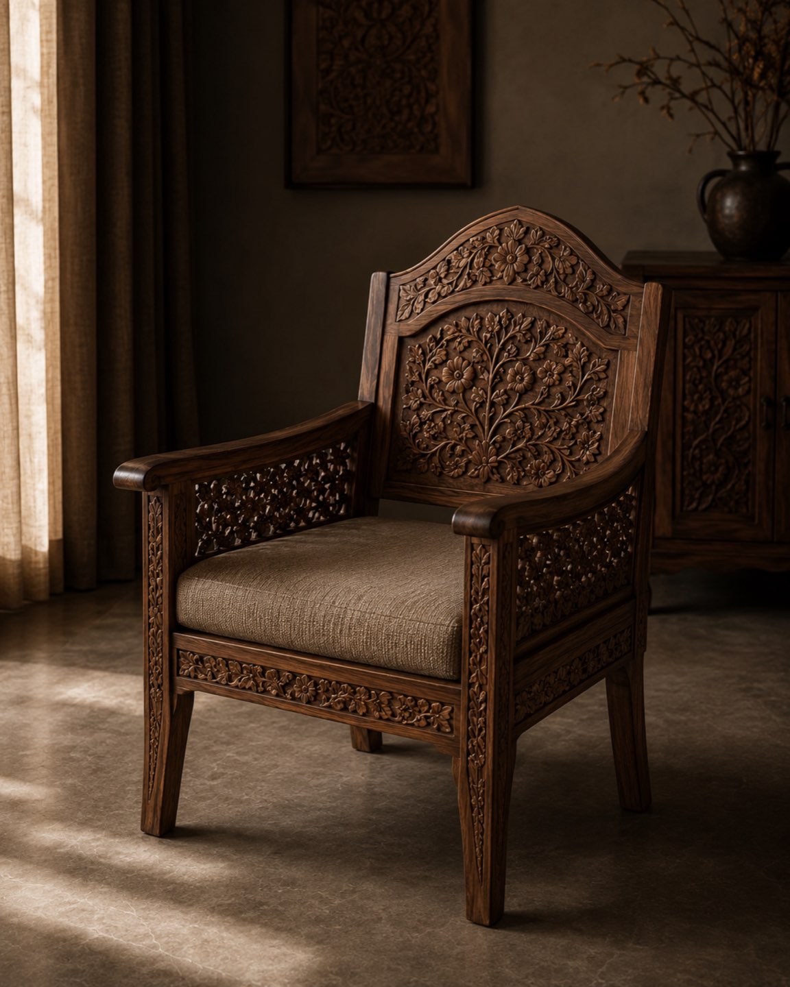 Kashmir carved walnut armchair