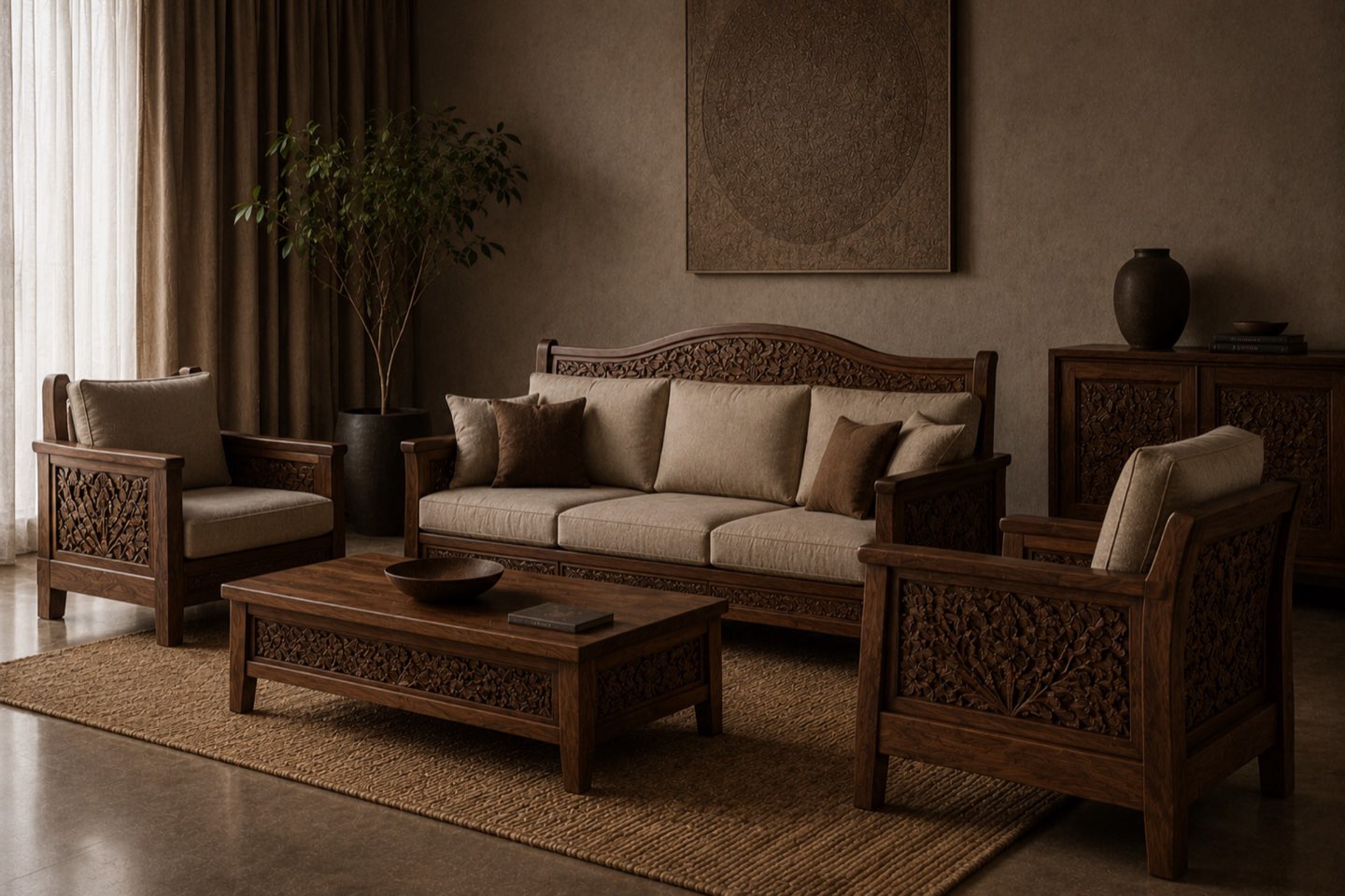 Kashmir carved walnut sofa set