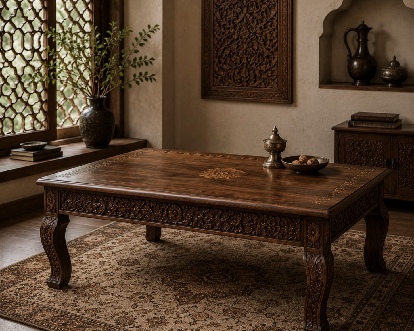 Carved walnut coffee table
