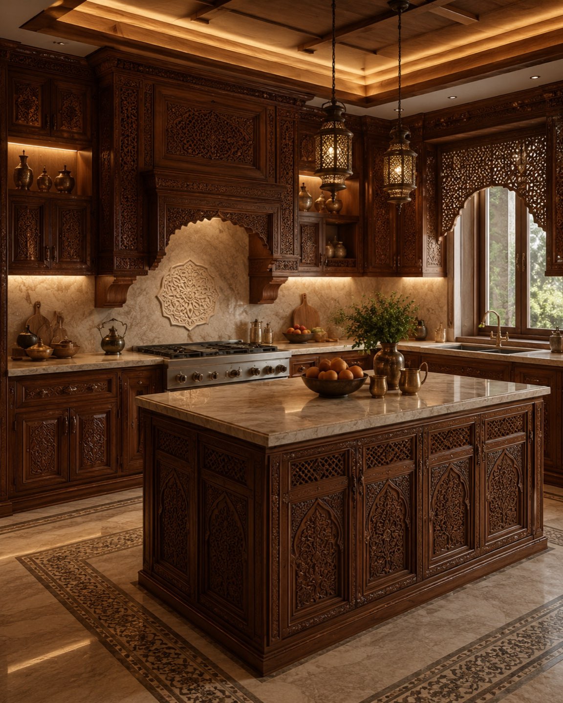 Ornate Kashmir kitchen with marble island